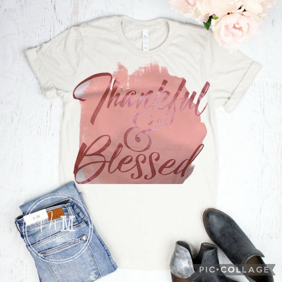 NWT! Press Lab Thankful & Blessed Short Sleeve Inspirational Graphic T-Shirt - Picture 3 of 12